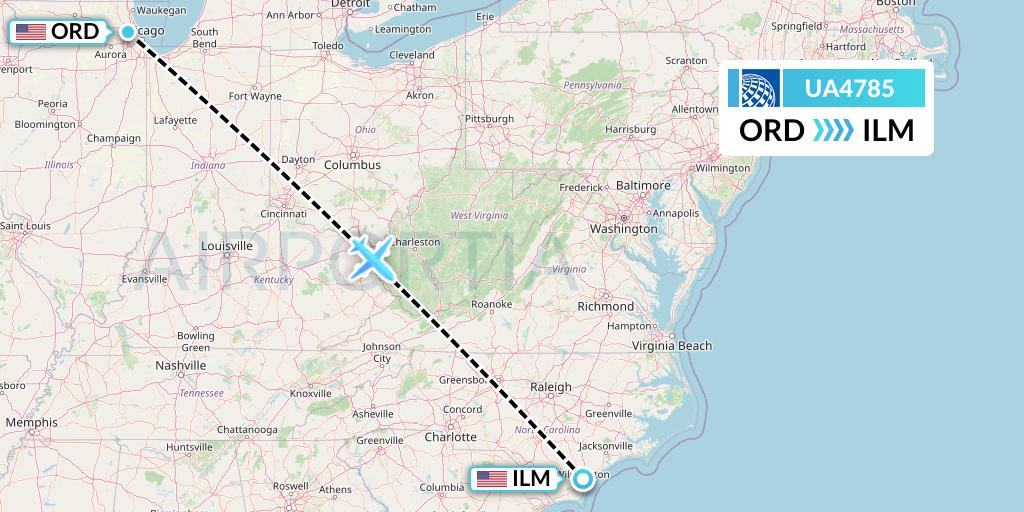 UA4785 United Airlines Flight Map: Chicago to Wilmington