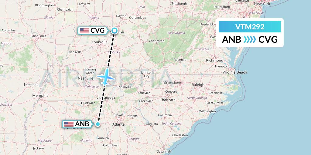 VTM292 Aeronaves TSM Flight Map: Anniston to Cincinnati