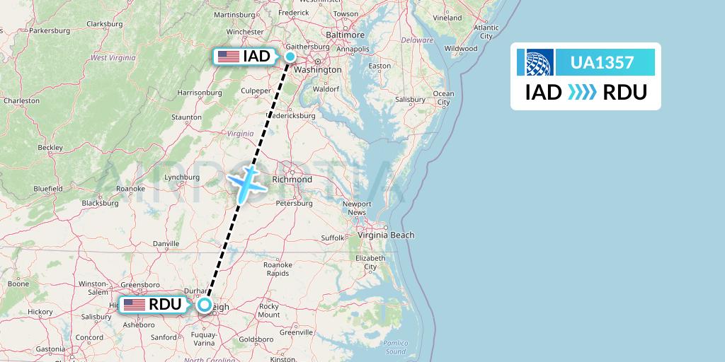 UA1357 United Airlines Flight Map: Washington to Raleigh-Durham