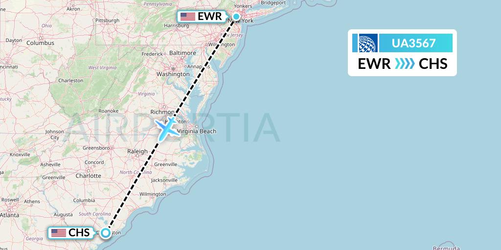UA3567 United Airlines Flight Map: New York to Charleston
