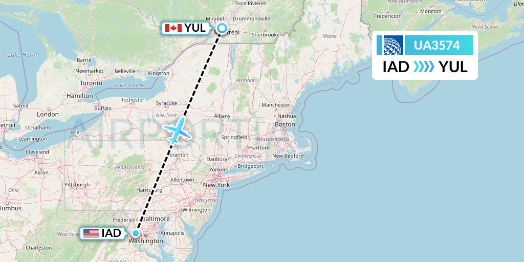 UA3574 United Airlines Flight Map: Washington to Montreal
