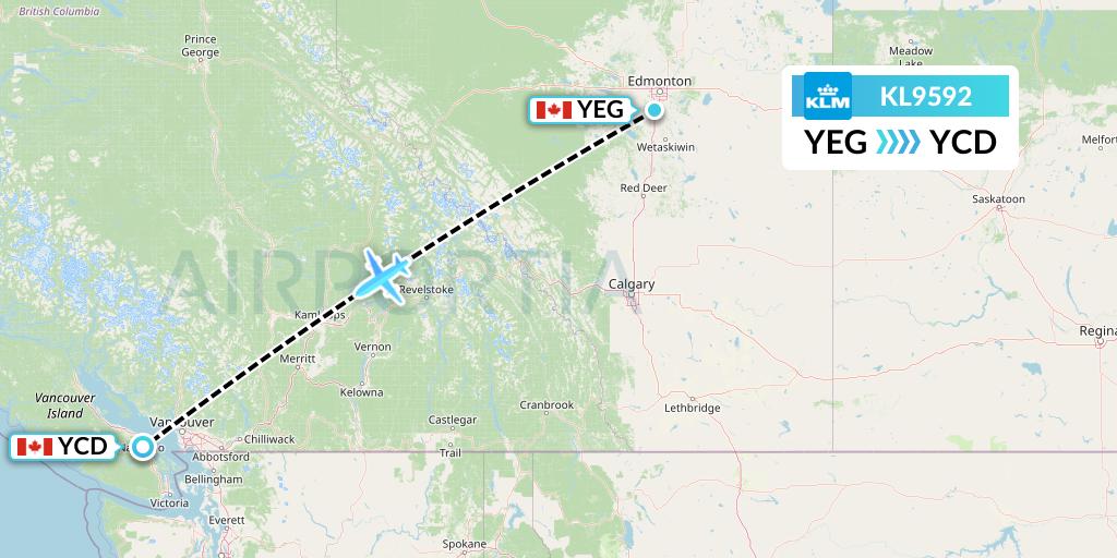 KL9592 KLM Flight Map: Edmonton to Nanaimo