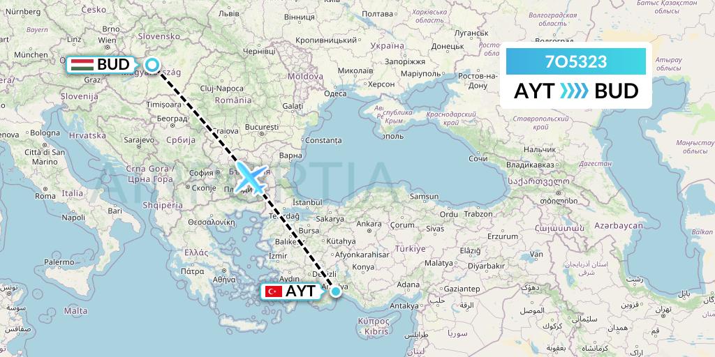 7O5323 Travel Service Hungary Flight Map: Antalya to Budapest