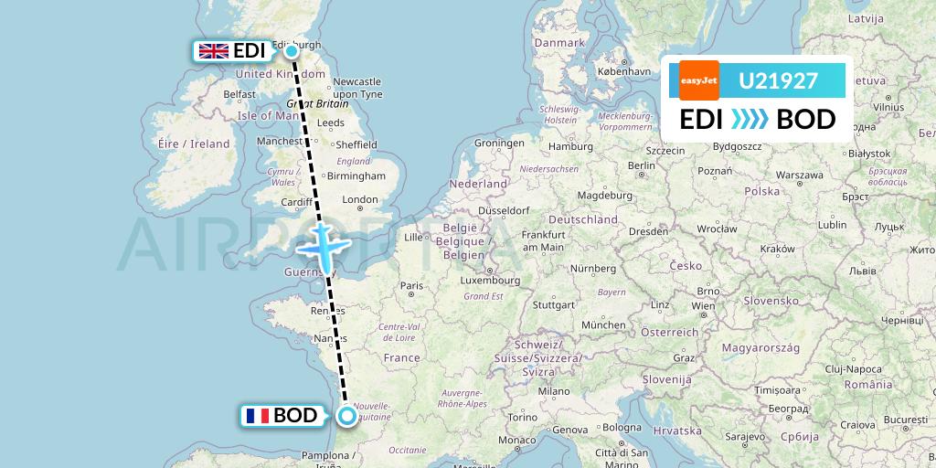 U21927 EasyJet Flight Map: Edinburgh to Bordeaux