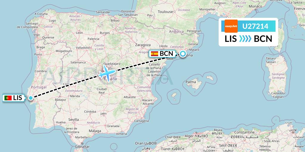 U27214 EasyJet Flight Map: Lisbon to Barcelona