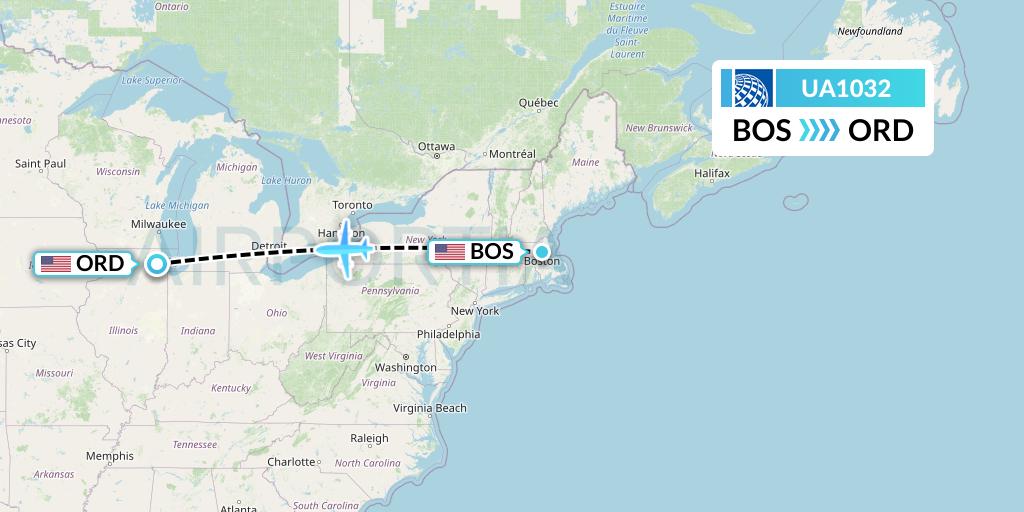 UA1032 United Airlines Flight Map: Boston to Chicago