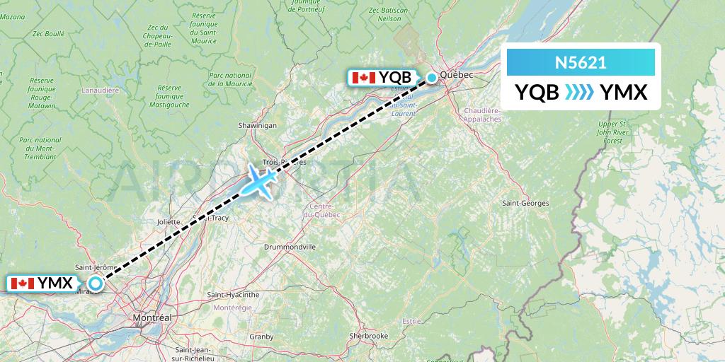 N5621 Nolinor Aviation Flight Map: Quebec to Montreal
