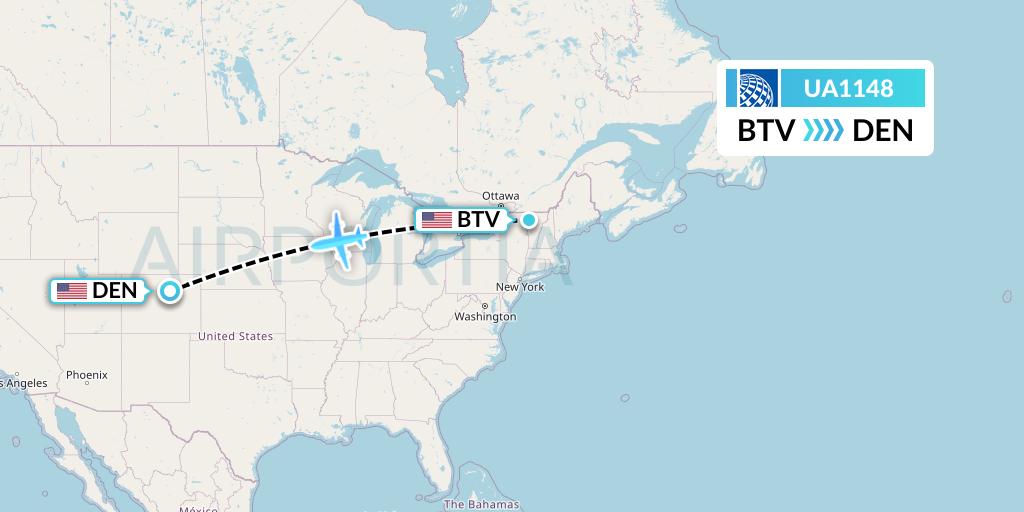 UA1148 United Airlines Flight Map: Burlington to Denver
