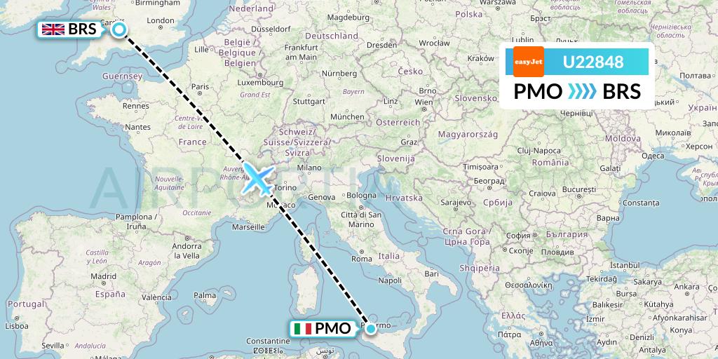 U22848 EasyJet Flight Map: Palermo to Bristol