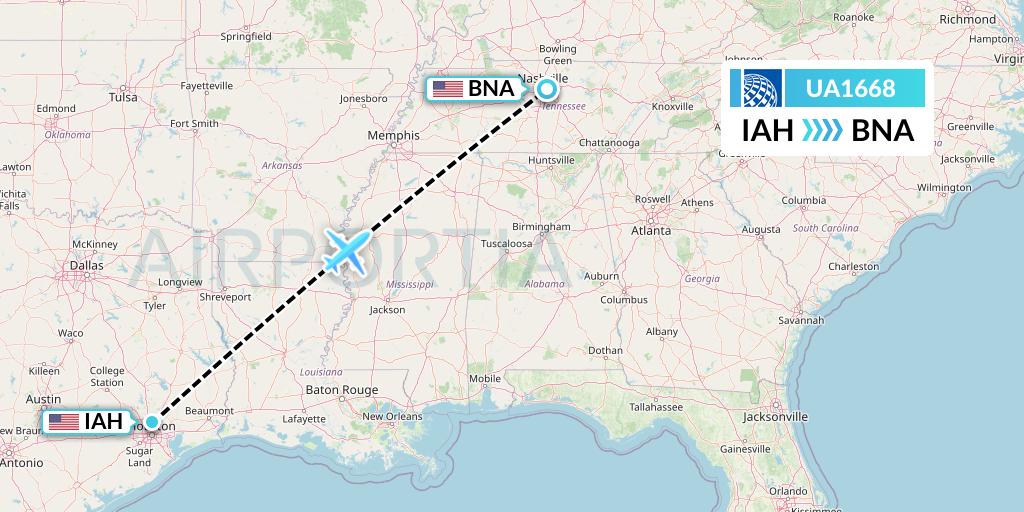 UA1668 United Airlines Flight Map: Houston to Nashville