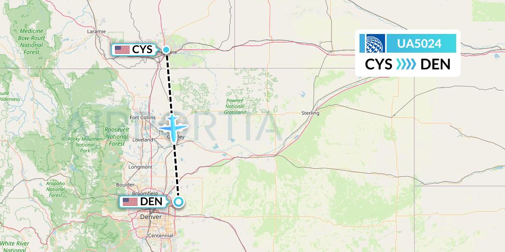 UA5024 United Airlines Flight Map: Cheyenne to Denver