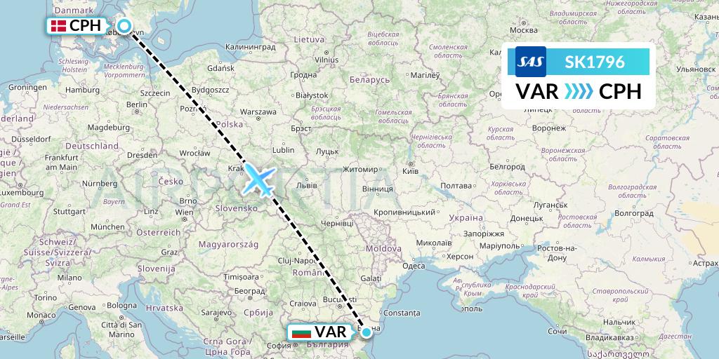 SK1796 SAS Flight Map: Varna to Copenhagen