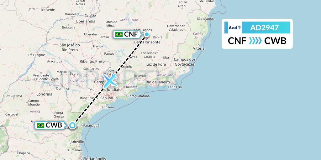 AD2947 Azul Brazilian Airlines Flight Map: Belo Horizonte to Curitiba