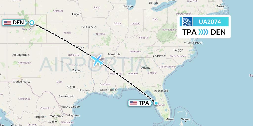 UA2074 United Airlines Flight Map: Tampa to Denver