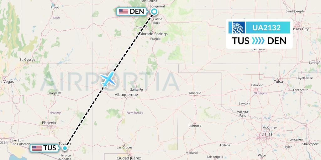 UA2132 United Airlines Flight Map: Tucson to Denver
