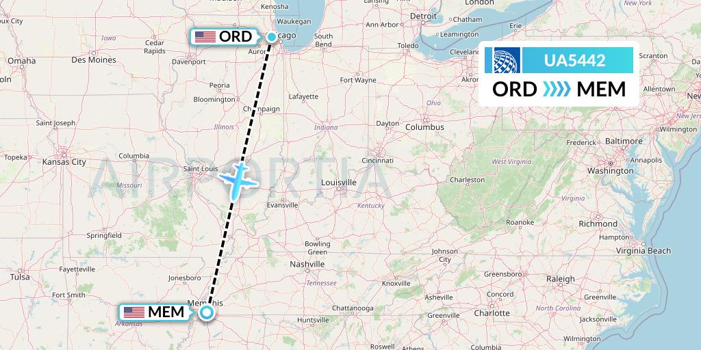UA5442 United Airlines Flight Map: Chicago to Memphis