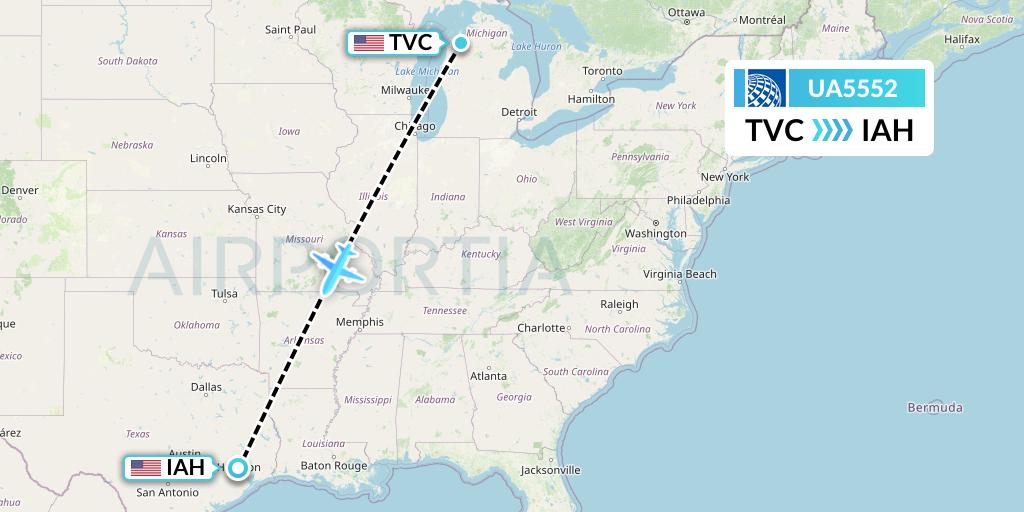 UA5552 United Airlines Flight Map: Traverse City to Houston
