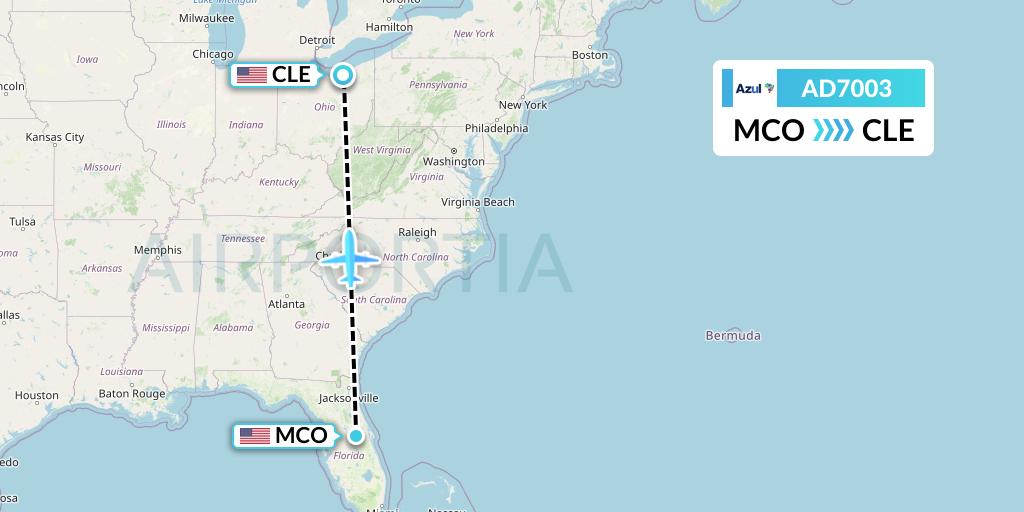 AD7003 Azul Brazilian Airlines Flight Map: Orlando to Cleveland