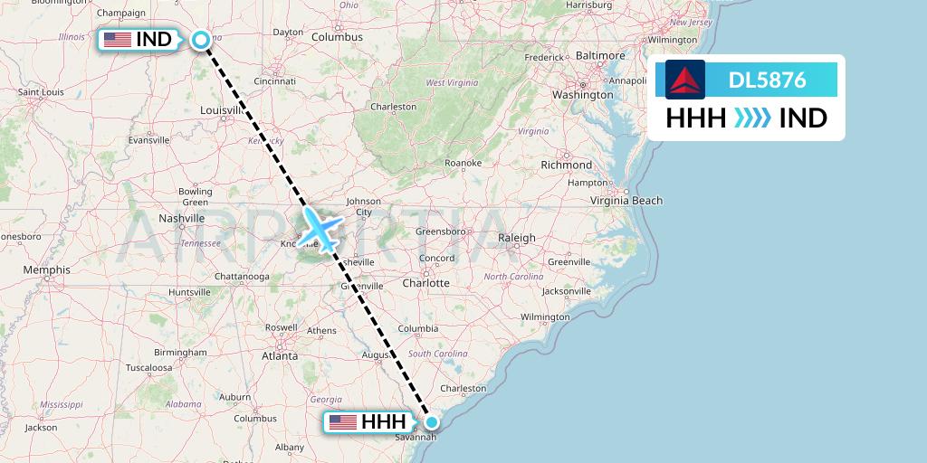 DL5876 Delta Air Lines Flight Map: Hilton Head Island to Indianapolis