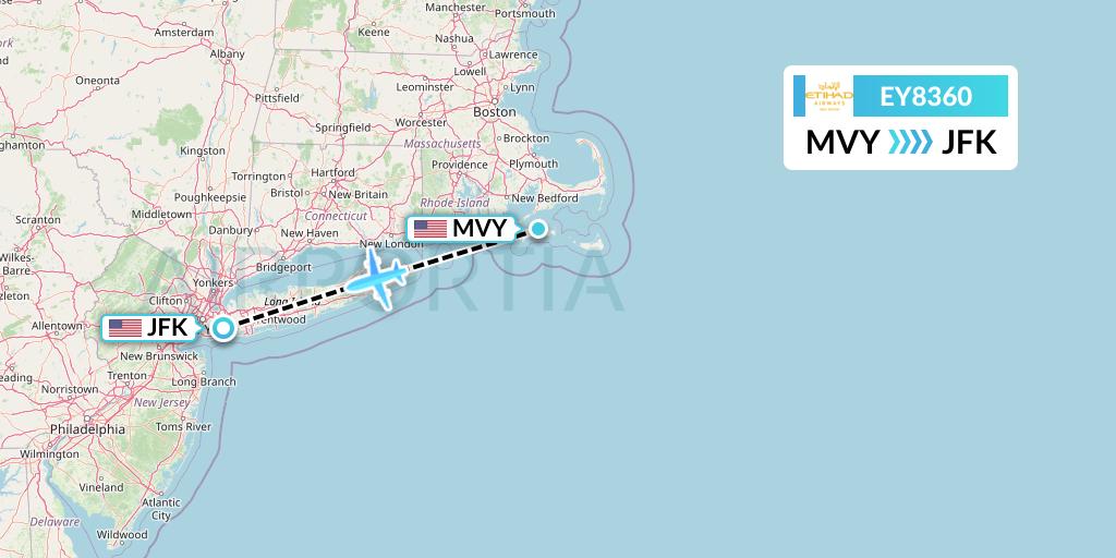 EY8360 Etihad Airways Flight Map: Martha's Vineyard to New York