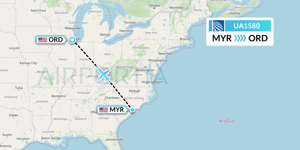 UA1580 United Airlines Flight Map: Myrtle Beach to Chicago