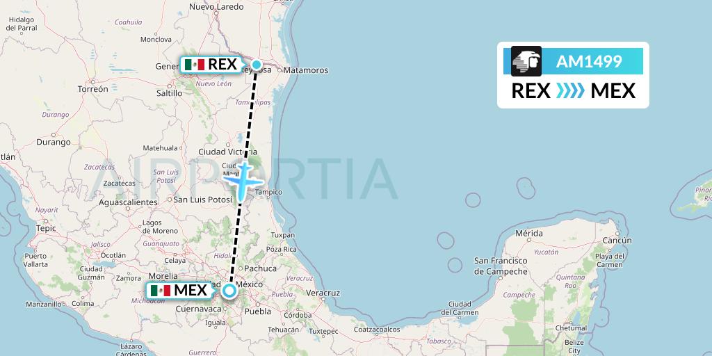 AM1499 Aeromexico Flight Map: Reynosa to Mexico City