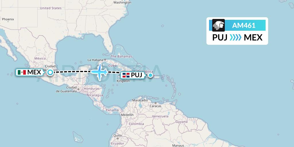 AM461 Aeromexico Flight Map: Punta Cana to Mexico City