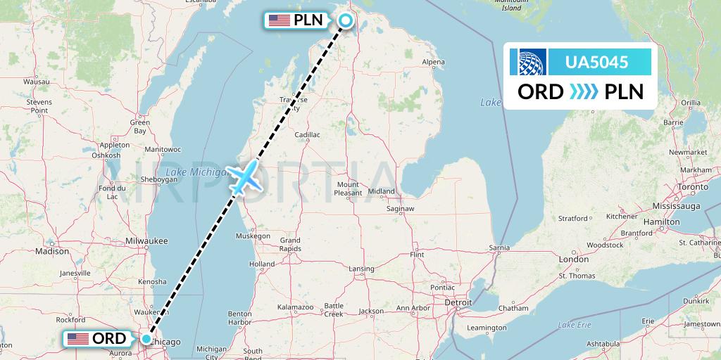 UA5045 United Airlines Flight Map: Chicago to Pellston