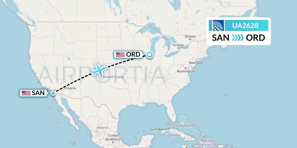 UA2628 United Airlines Flight Map: San Diego to Chicago