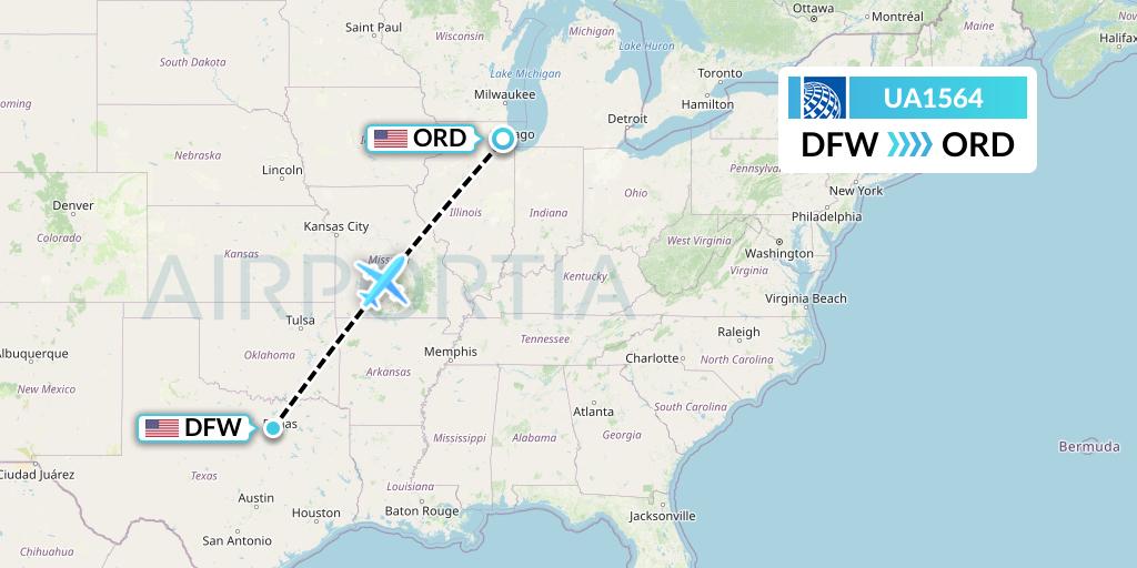 UA1564 United Airlines Flight Map: Dallas to Chicago