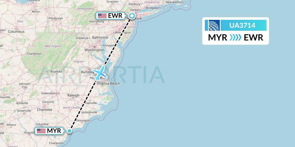 UA3714 United Airlines Flight Map: Myrtle Beach to New York