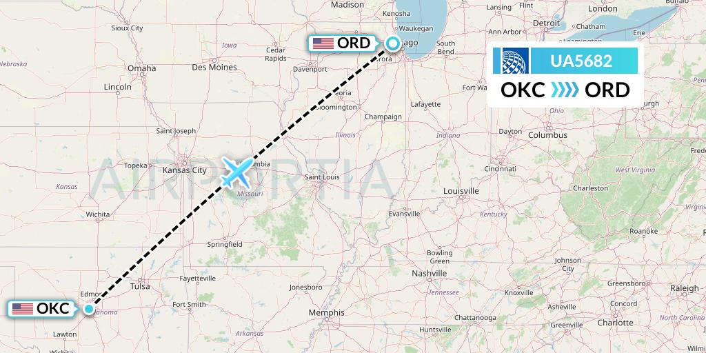 UA5682 United Airlines Flight Map: Oklahoma City to Chicago