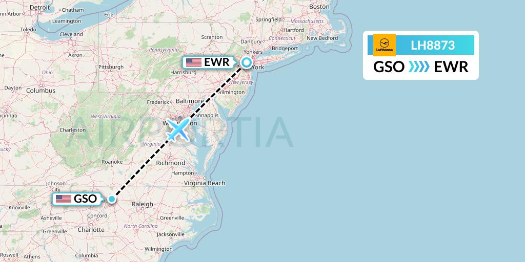 LH8873 Lufthansa Flight Map: Greensboro to New York
