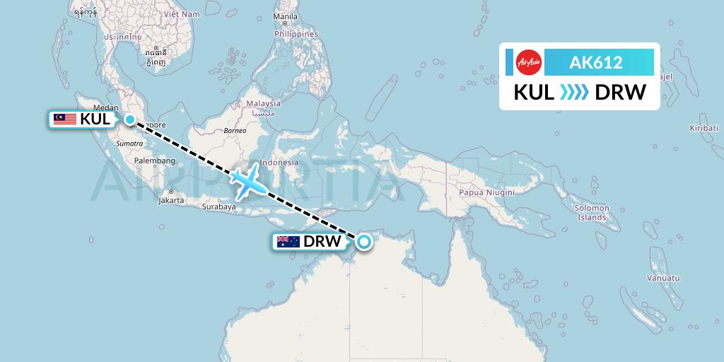 AK612 AirAsia Flight Map: Kuala Lumpur to Darwin
