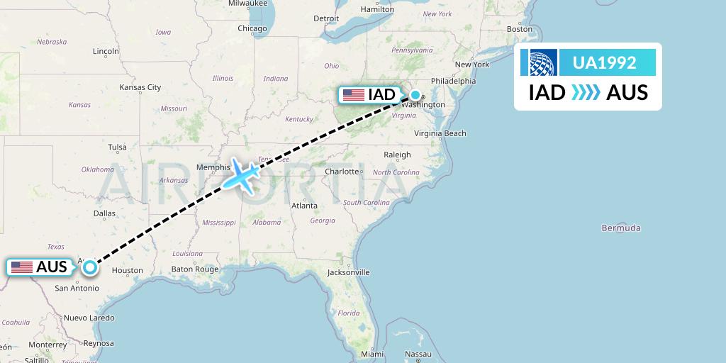 UA1992 United Airlines Flight Map: Washington to Austin