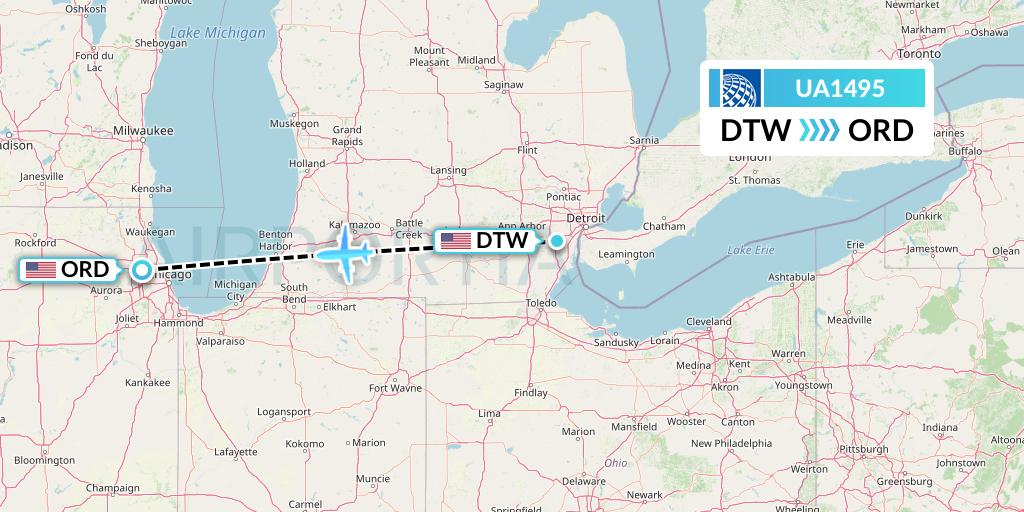 UA1495 United Airlines Flight Map: Detroit to Chicago
