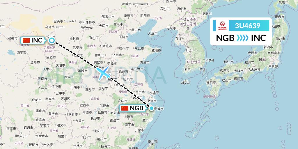 3U4639 Sichuan Airlines Flight Map: Ningbo to Yinchuan