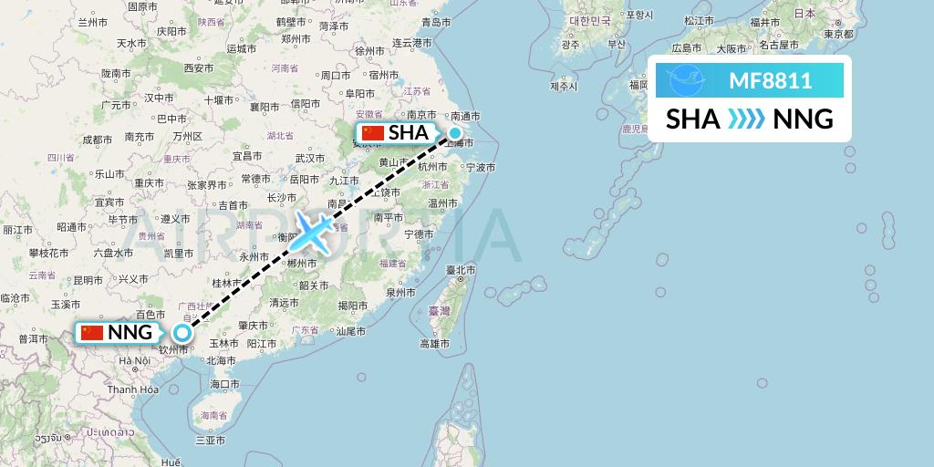 MF8811 Xiamen Airlines Flight Map: Shanghai to Nanning
