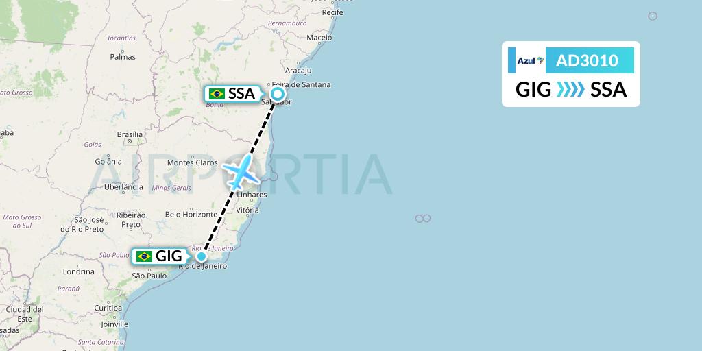 AD3010 Azul Brazilian Airlines Flight Map: Rio de Janeiro to Salvador