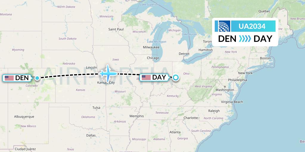 UA2034 United Airlines Flight Map: Denver to Dayton