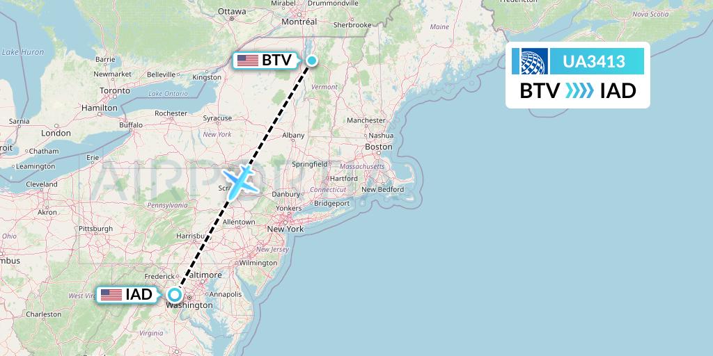 UA3413 United Airlines Flight Map: Burlington to Washington