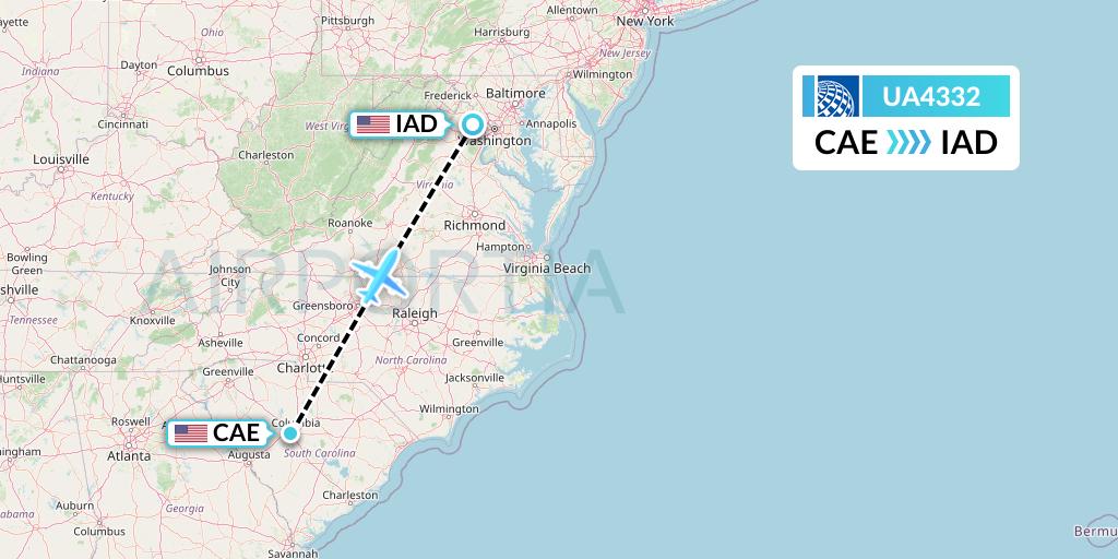 UA4332 United Airlines Flight Map: Columbia to Washington