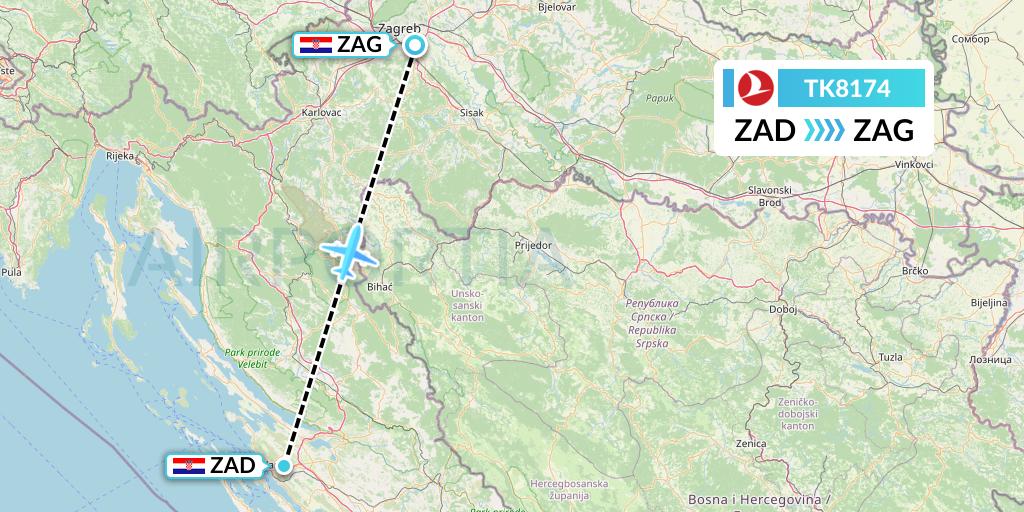 TK8174 Turkish Airlines Flight Map: Zadar to Zagreb