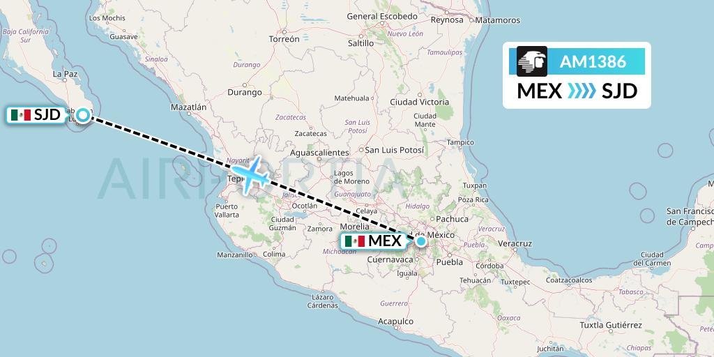 AM1386 Aeromexico Flight Map: Mexico City to San Jose del Cabo