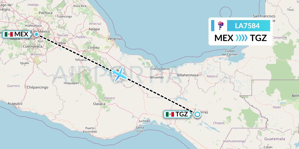 LA7584 LAN Airlines Flight Map: Mexico City to Tuxtla Gutierrez