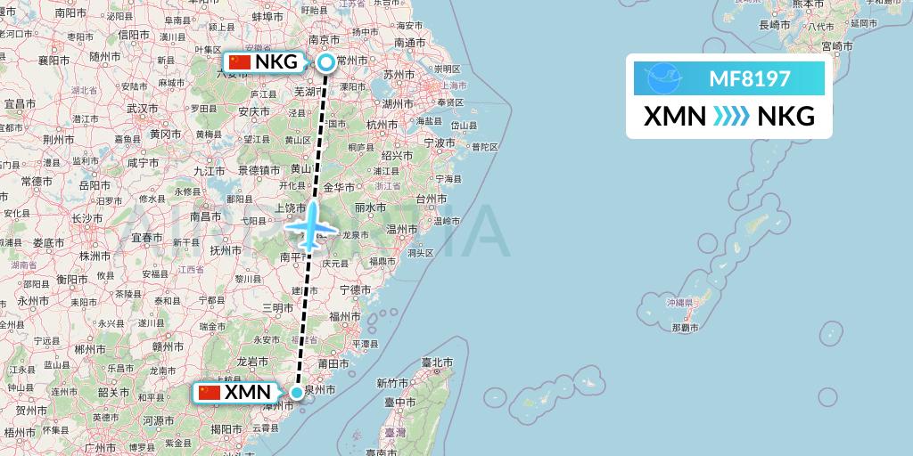 MF8197 Xiamen Airlines Flight Map: Xiamen to Nanjing