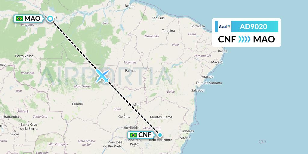 AD9020 Azul Brazilian Airlines Flight Map: Belo Horizonte to Manaus