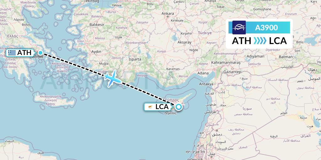 A3900 Aegean Airlines Flight Map: Athens to Larnaca
