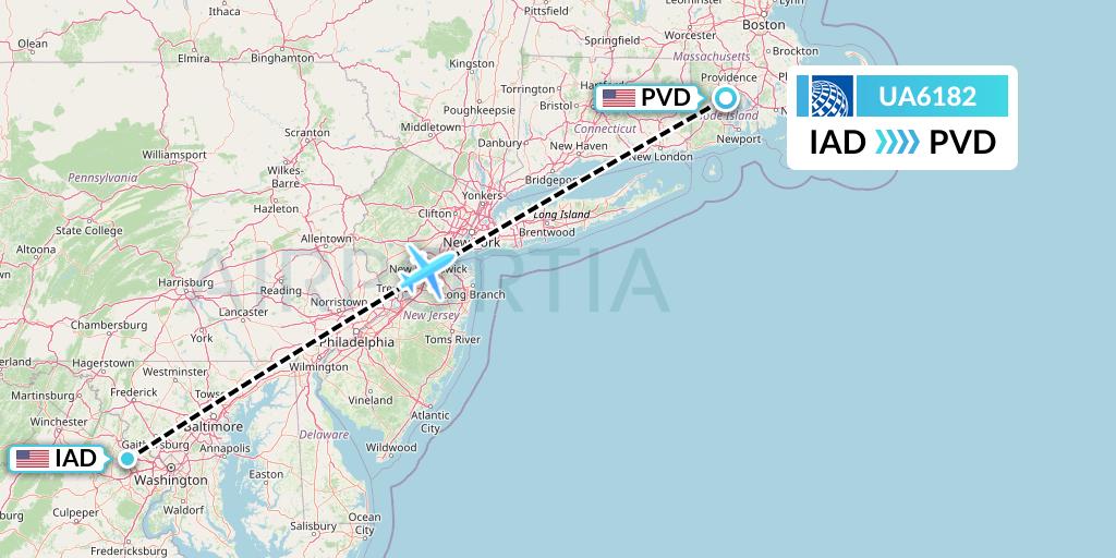 UA6182 United Airlines Flight Map: Washington to Providence