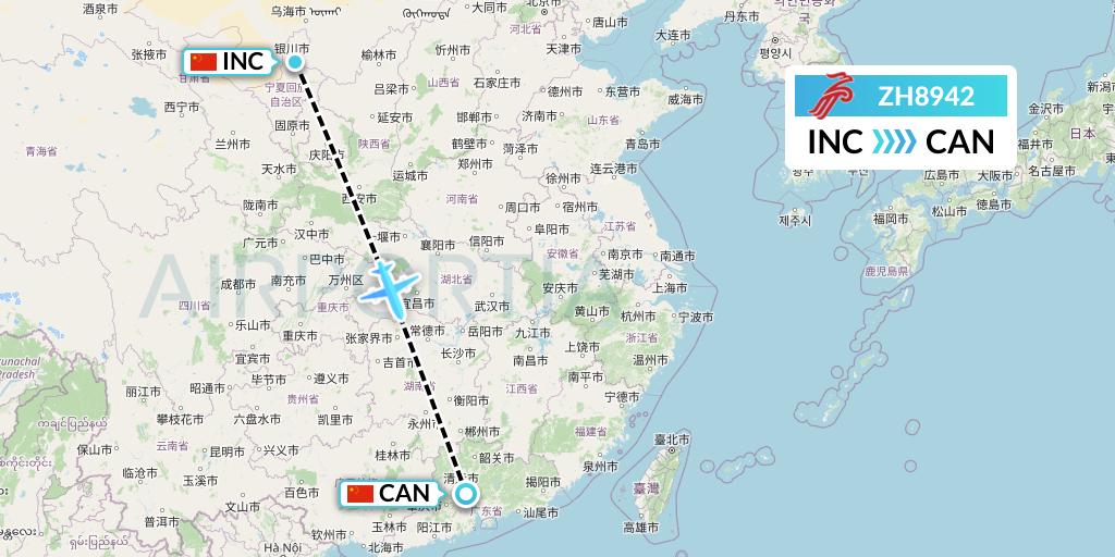 ZH8942 Shenzhen Airlines Flight Map: Yinchuan to Guangzhou